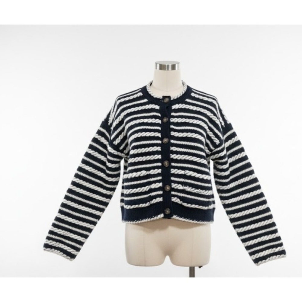 La Ligne Wool Sweater Cardigan Medium blue white stripe embellished gold buttons
